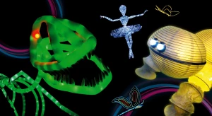 Представление световых кукол и гигантский динозавр